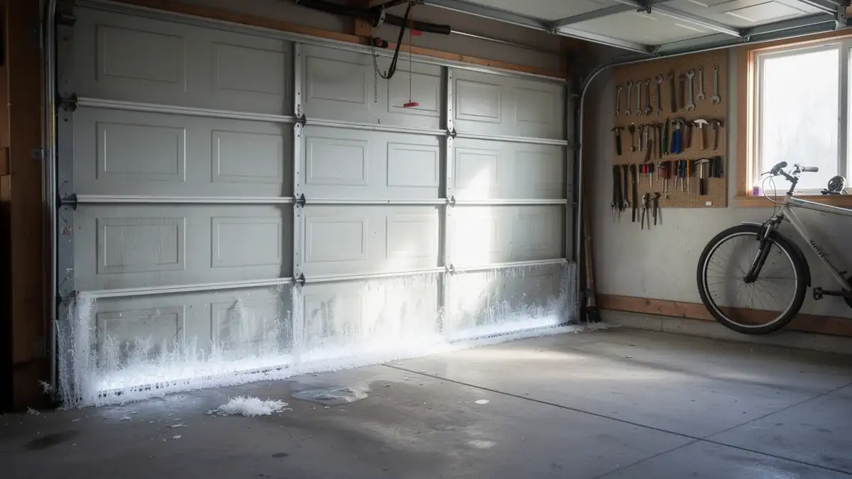 The white garage door has ice and snow built up along the bottom.