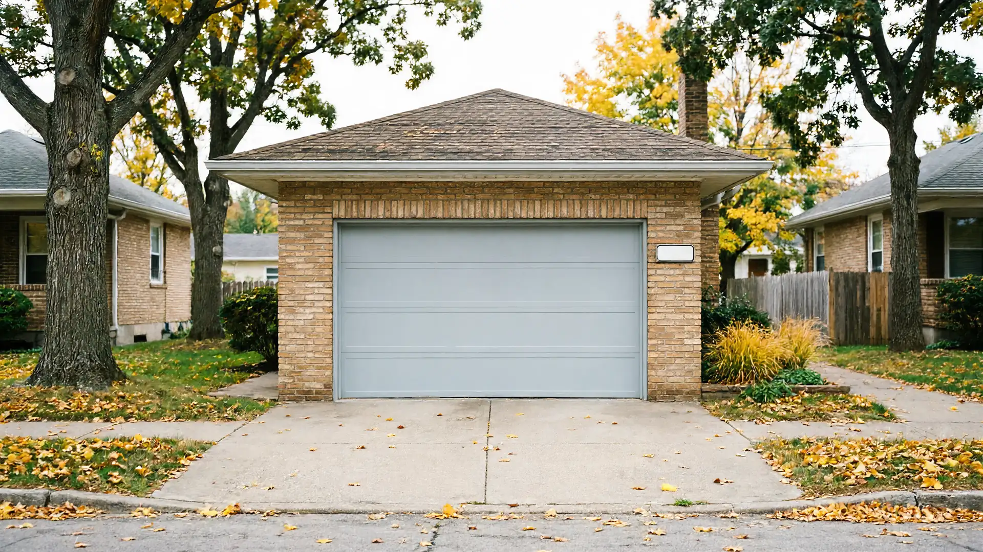 A light gray garage door is centered on a brick garage with a brown roof.