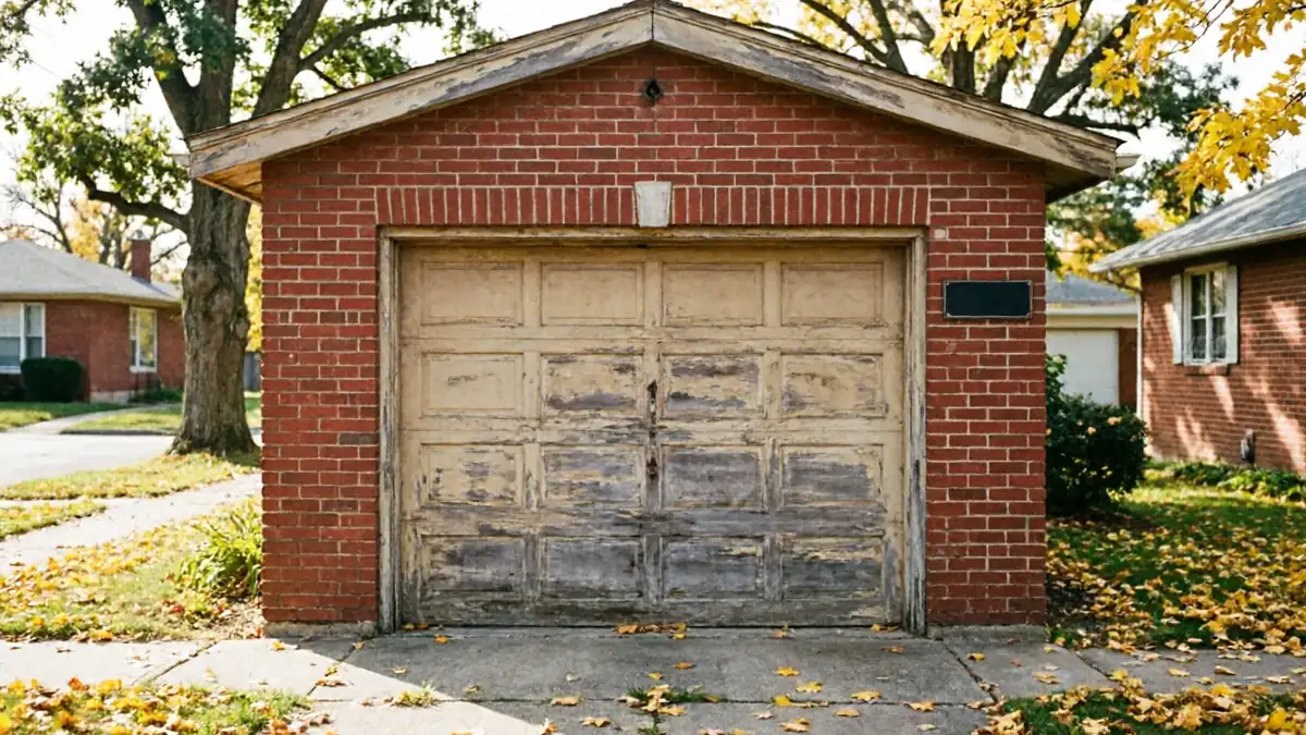 A weathered garage door on a red brick garage with fallen leaves on the ground.