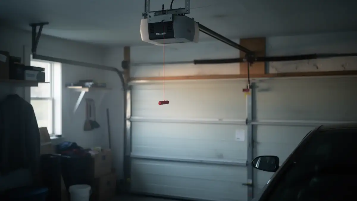 A garage door opener hangs above a closed white garage door and a car.